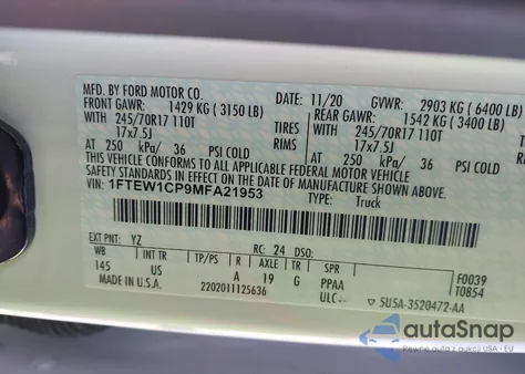 2021 Ford F-150 Xlt из США, поврежденный, VIN 1FTEW1CP9MFA21953